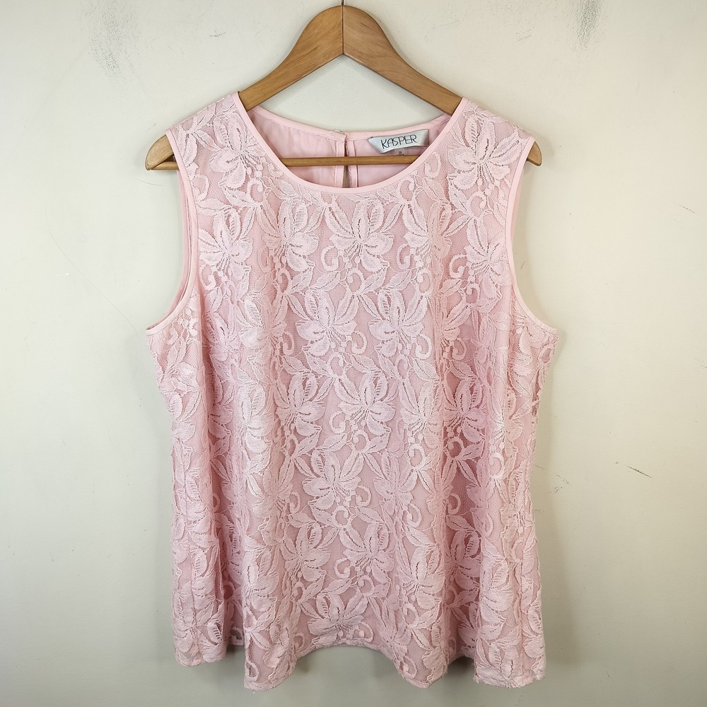 Kasper Pink Floral Lace Top Tank 2X Sleeveless Romantic Feminine